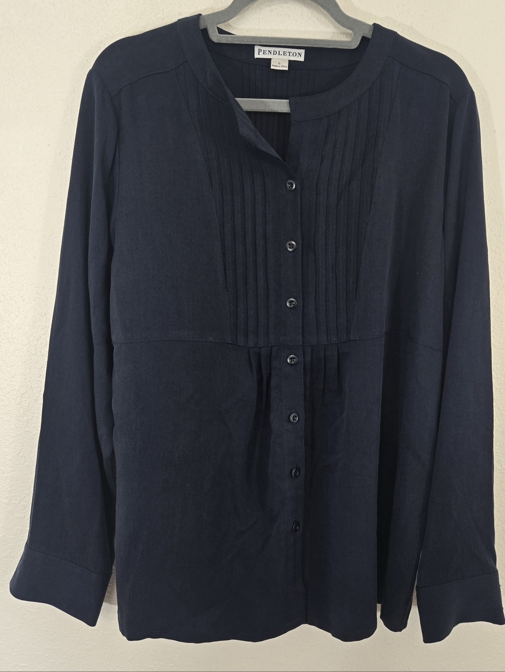 Pendleton Navy Blue Tencel Pleated Button Front Blouse Office Church, size Large
